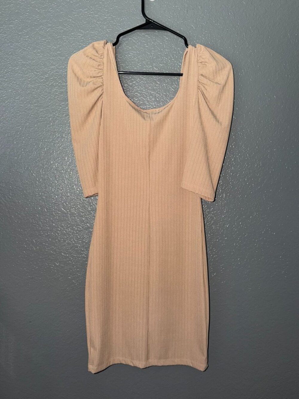 Just Stylish Women’s Small Beige Ribbed Bodycon Midi Dress Puff Sleeve